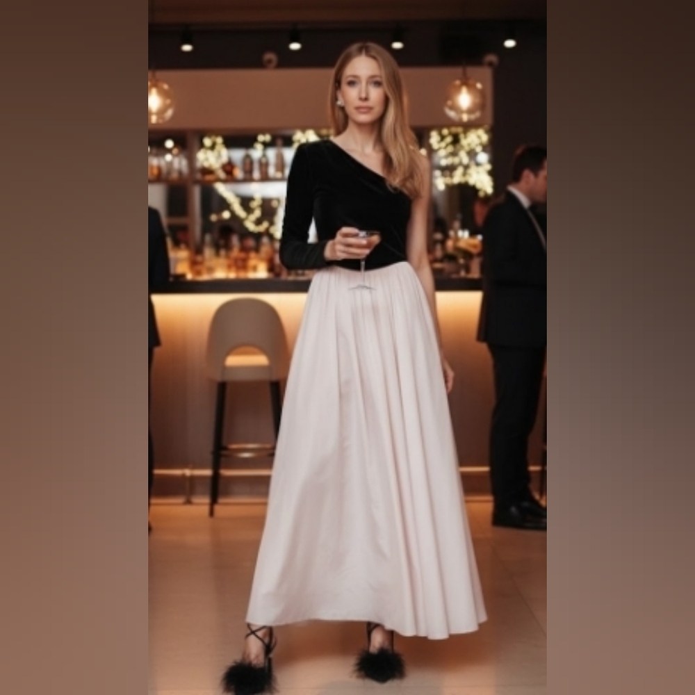 Antonio Melanix Born on Fifth Blair One Shoulder Velvet Sleeve Woven Taffeta